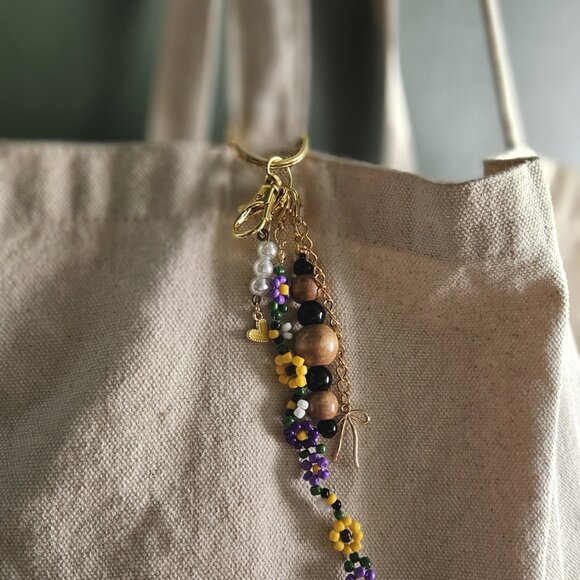 Floral Beaded Charm Keychain | Handmade Keyring with Wood Beads, Pearls, Bees - Picture 6 of 7